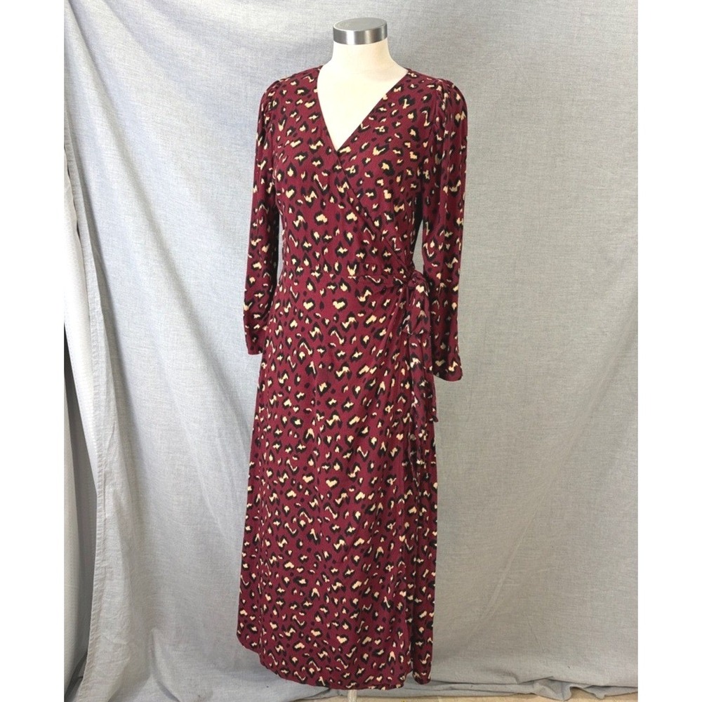 Cleobella Burgundy Leopard Print Wrap Midi Dress 3/4 Sleeve Boho M